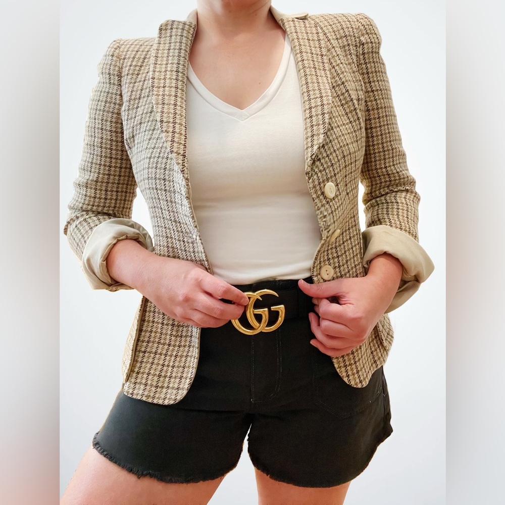 Vintage 90s Armani Collezioni Beige Checkered Blazer with Roll Sleeves, Size 6